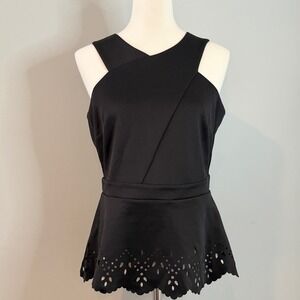 Bisou Bisou Black Geometric Laser Cut Peplum Waist Sleeveless Top M